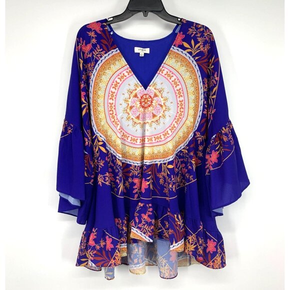 Umgee Tops - Umgee Top Blue V Neck Bell Sleeve Boho Medallion Printed